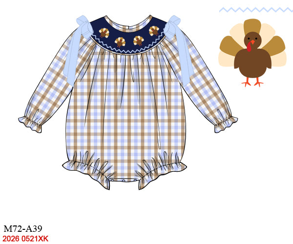 Plaid Baby Blue Hand-Smocked Thanksgiving Turkey Girls Bubble Romper