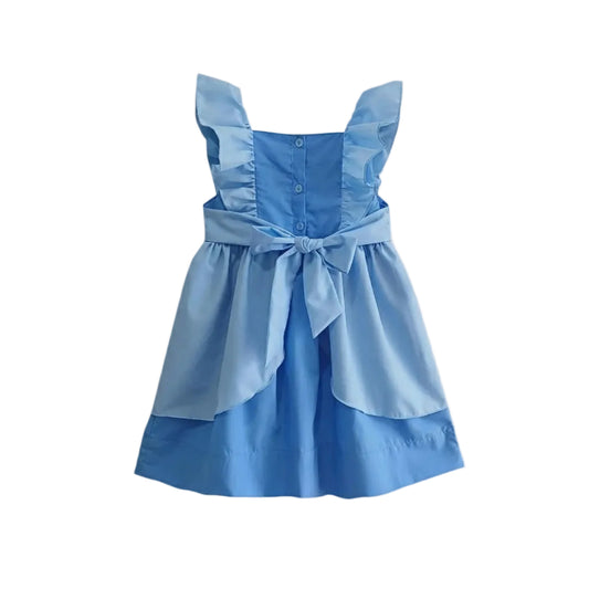Back view of the light blue smocked Cinderella dress highlighting the button closure and large tied back bow.