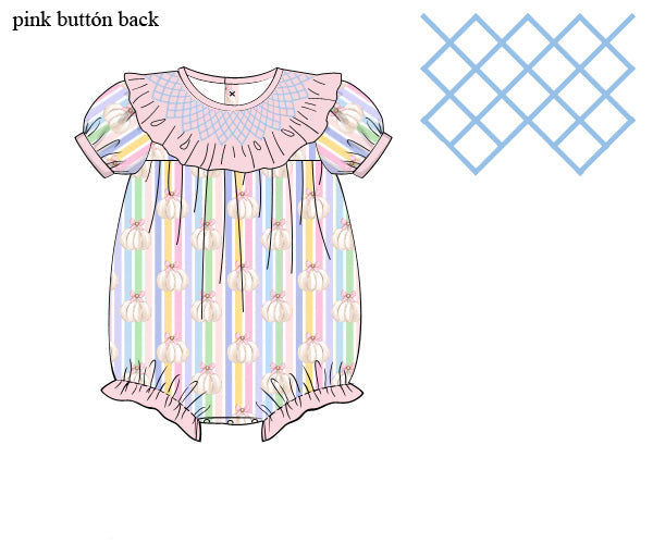 Pastel pumpkin hand-smocked girls Thanksgiving woven bubble romper with pink ruffled collar and striped pattern.