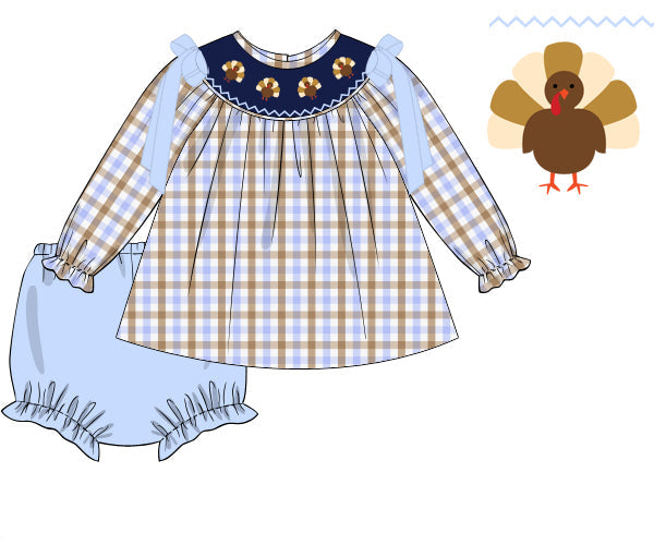 Baby blue plaid hand-smocked girls Thanksgiving outfit with turkey embroidery, shoulder bows, and matching bloomers.