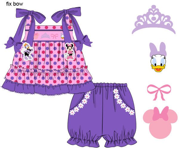 Girls purple polka dot hand-smocked top with cartoon mouse and duck patches, paired with daisy pocket bloomers.