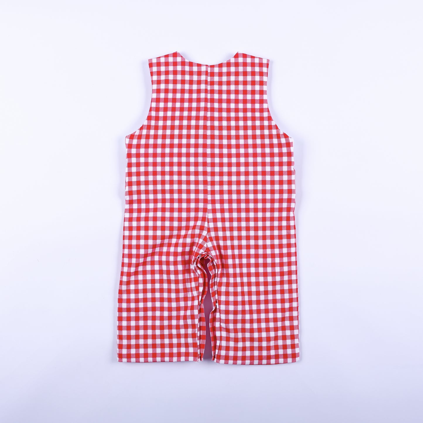 Full back view of boys red gingham hand smocked jon jon featuring classic sleeveless design and check pattern.