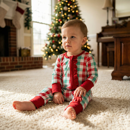 Toddler sitting by a Christmas tree wearing a red and green gingham zippy romper with red cuffs.