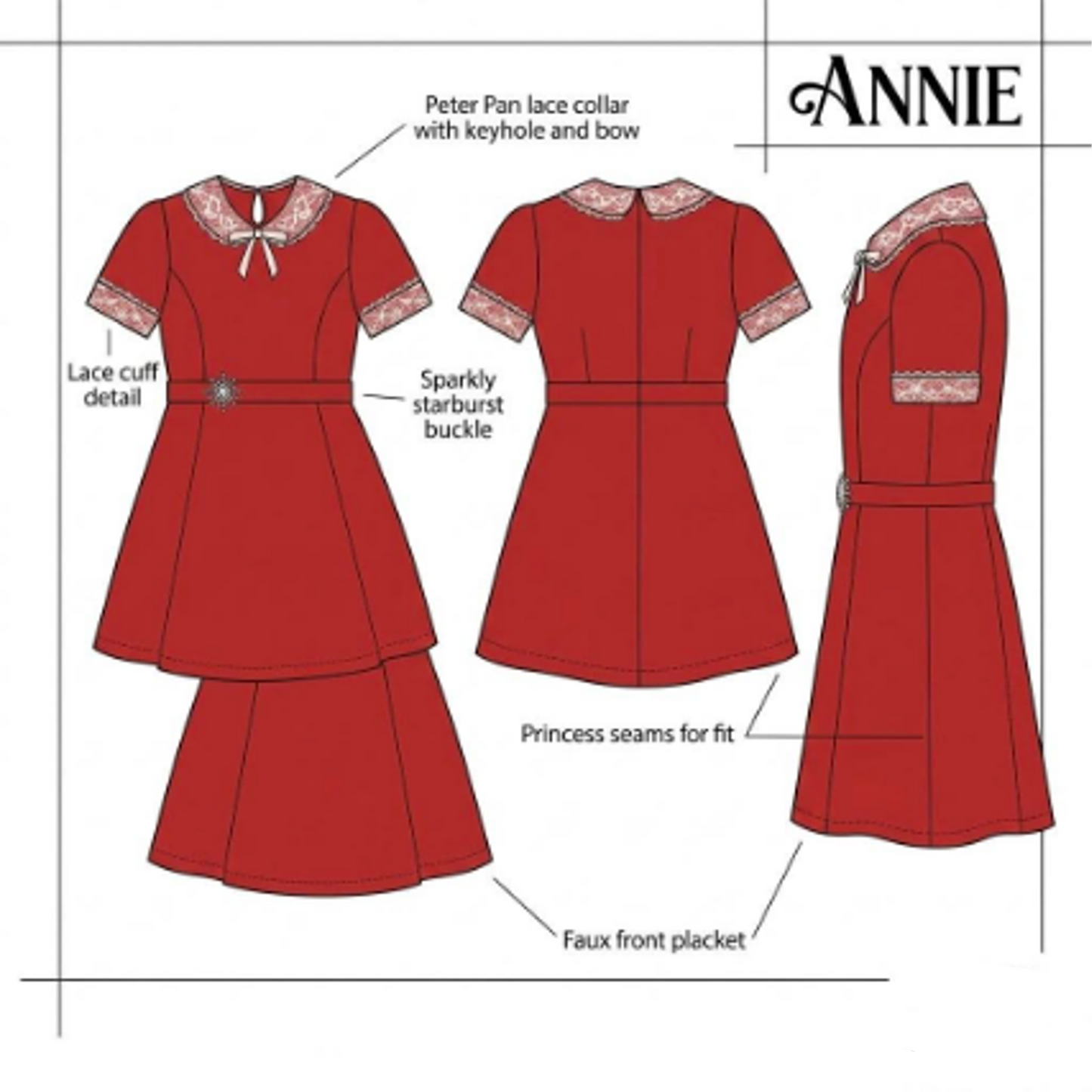 Red dress with detailed features labeled, inspired by 'Annie', on a white background.