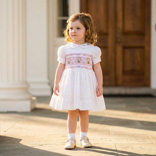 Little girl wearing the pink flower basket hand smocked and embroidered white dress.