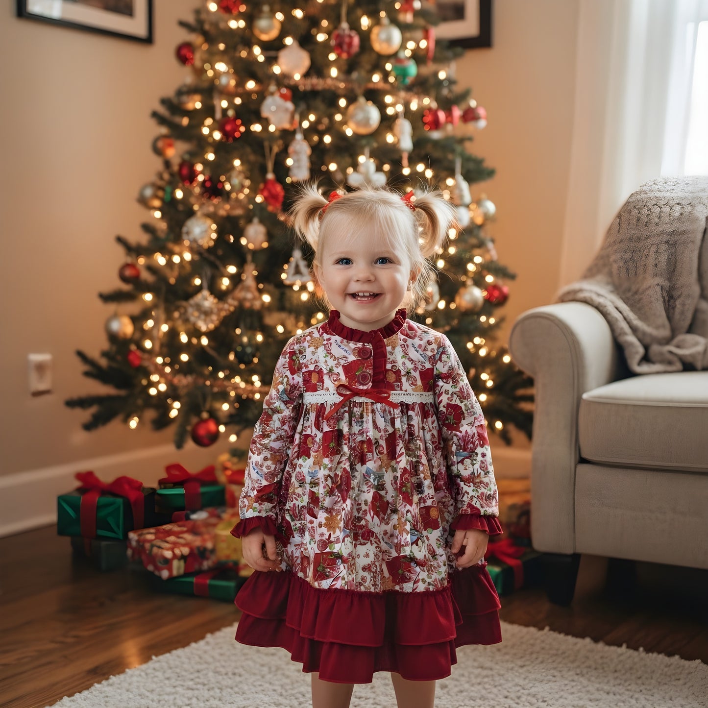 Toddler girl in festive gingerbread print holiday dress with red ruffles, smiling in front of a Christmas tree.
