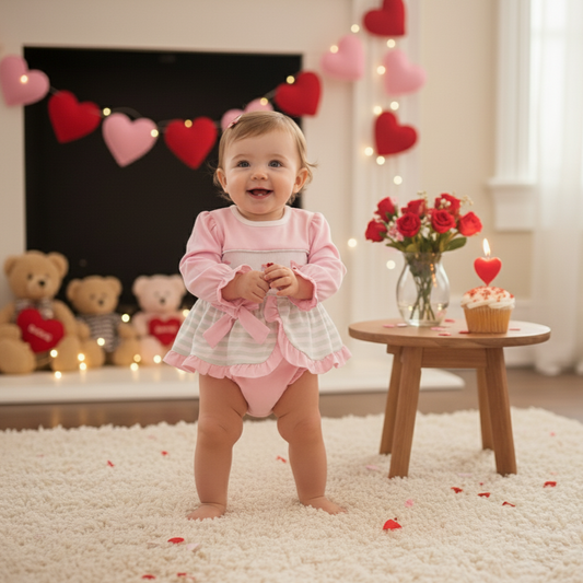 VALENTINES DAY CONSTRUCTION HEARTS - HAND SMOCKED - GIRL BLOOMER SET