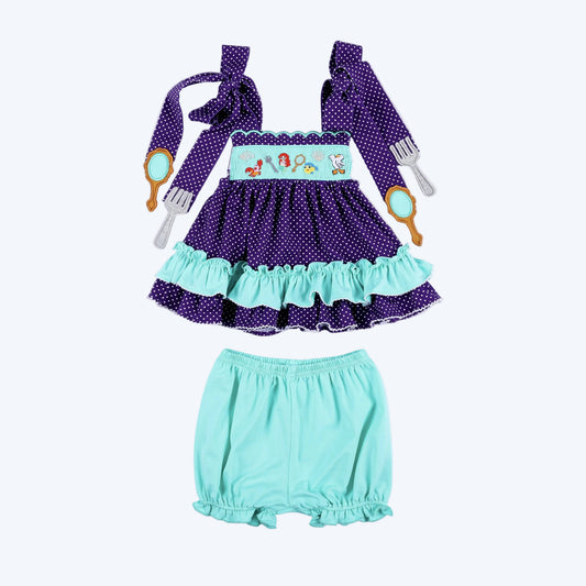 Full front view of Under The Sea hand smocked purple polka dot top and mint green bloomer set for toddlers.