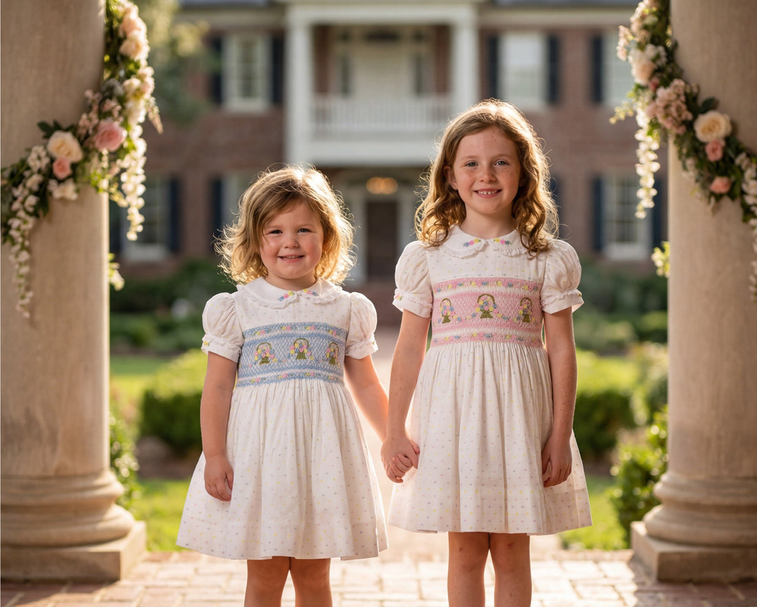 Two sisters holding hands in coordinating white smocked Easter dresses with pastel details.
