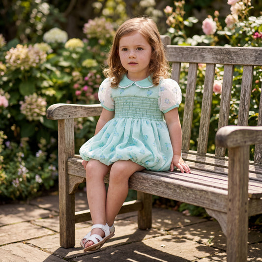 A young girl in a traditional mint green smocked floral bubble sitting on a weathered garden bench.