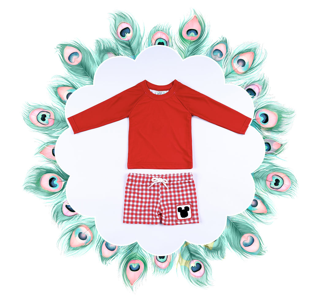 Boys red long-sleeve rash guard and gingham swim trunks set for the boys swimwear collection.