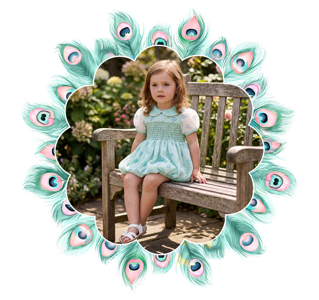 Toddler girl modeling a smocked bubble outfit on a garden bench for the bubble collection.