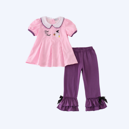 HALLOWEEN - PINK GINGHAM EMBROIDERY GIRL PANTS SET