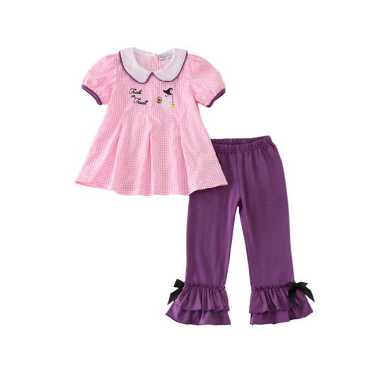 Halloween - Pink Gingham Embroidery Girl Pants Set