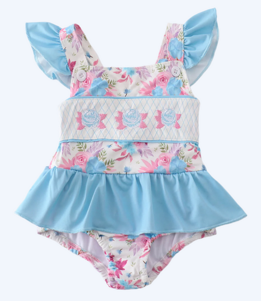 Blue floral embroidery one-piece swimsuit