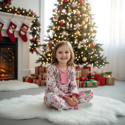 Vintage Pink Santa With Christmas Tree Holiday Gift Box Pajama Set