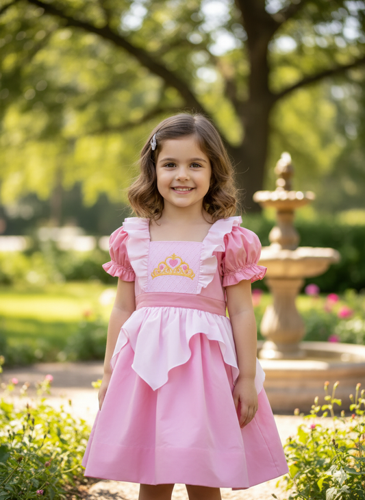 SMOCKED AURORA PINK PRINCESS TIARA DRESS