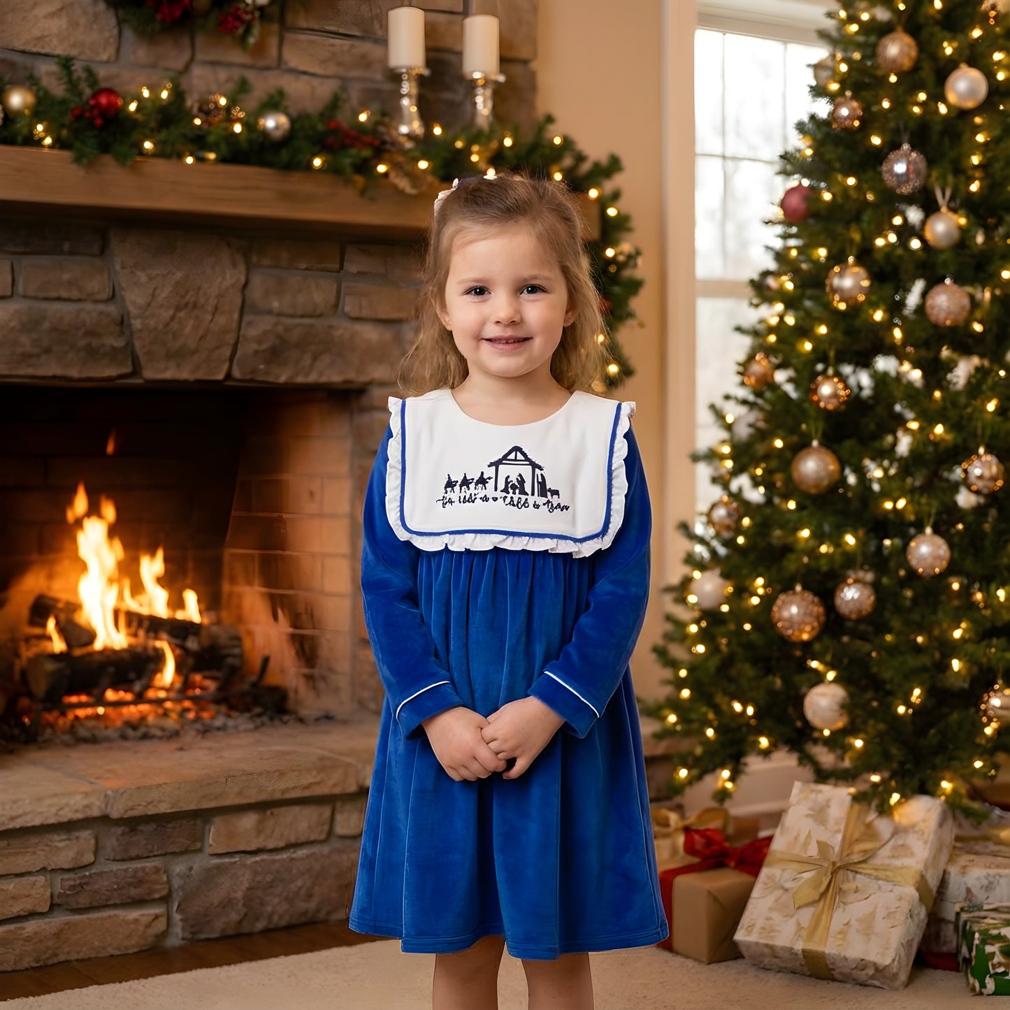 For Unto Us A Child Is Born - Nativity - Velour Blue Christmas Dress
