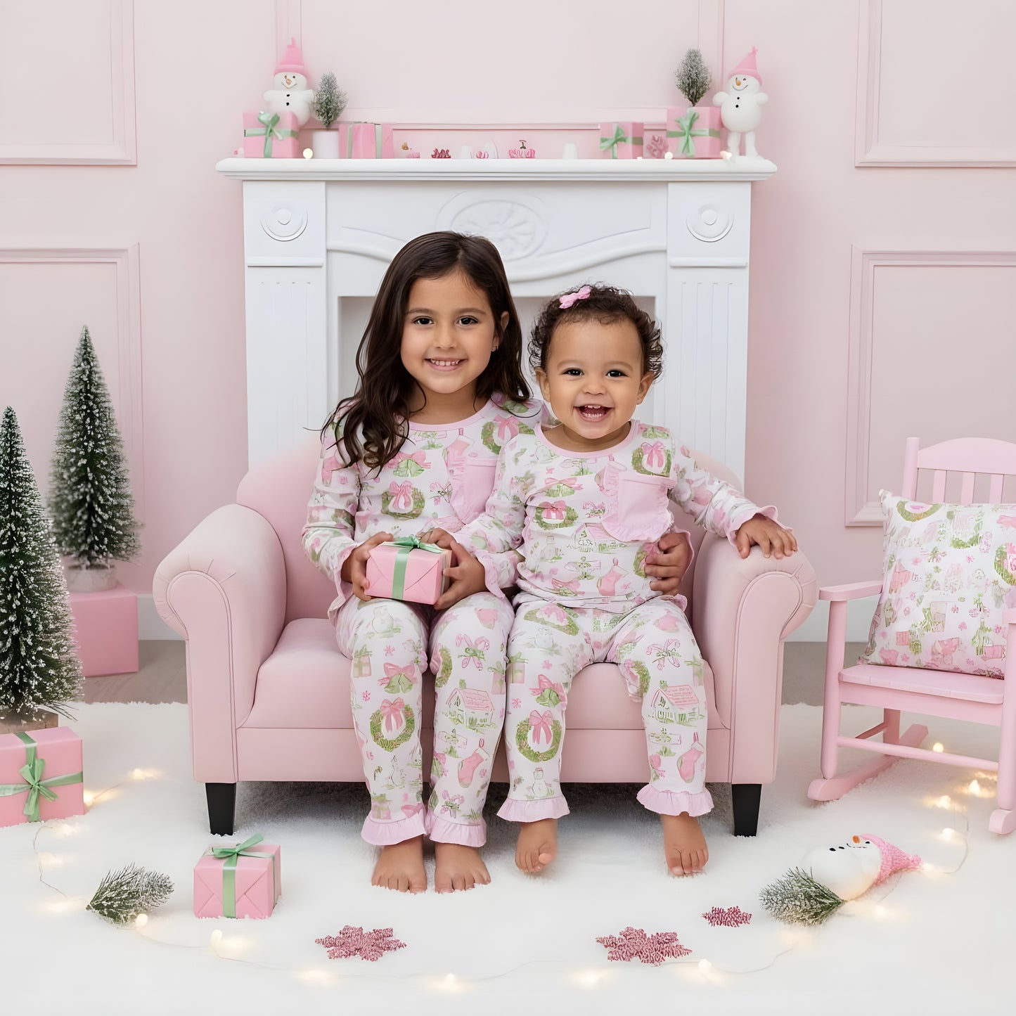 Girls Pastel Watercolor Grandmillennial Christmas Bamboo Long Sleeve Pajama Set