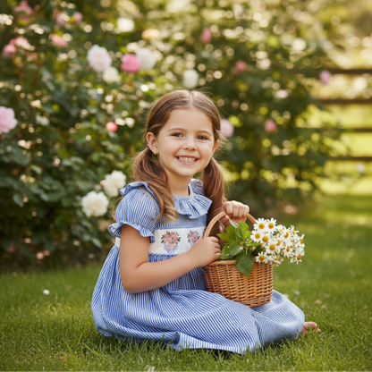 SPRING FLORAL VASE CHINOISERIE BOW EMBROIDERED SEERSUCKER DRESS