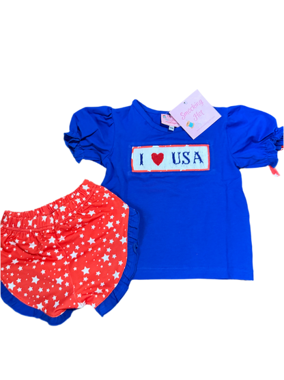 Patriotic Hand smocked - I ❤️ USA - girls shorts set