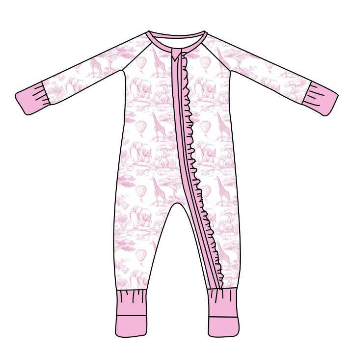 Pink Safari Toile Ruffle Bamboo Zipper Sleeper