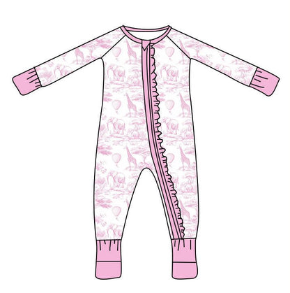 Pink Safari Toile Ruffle Bamboo Zipper Sleeper