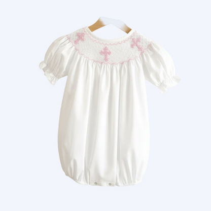 SUNDAY BEST - HAND SMOCKED PINK HAND EMBROIDERED CROSSES GIRL BUBBLE WITH 360 EMBROIDERY
