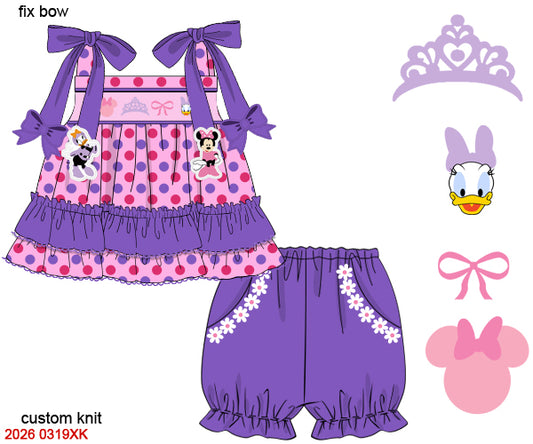 Girls Pink Polka Dot Hand-Smocked Mouse & Daisy Character Short Set