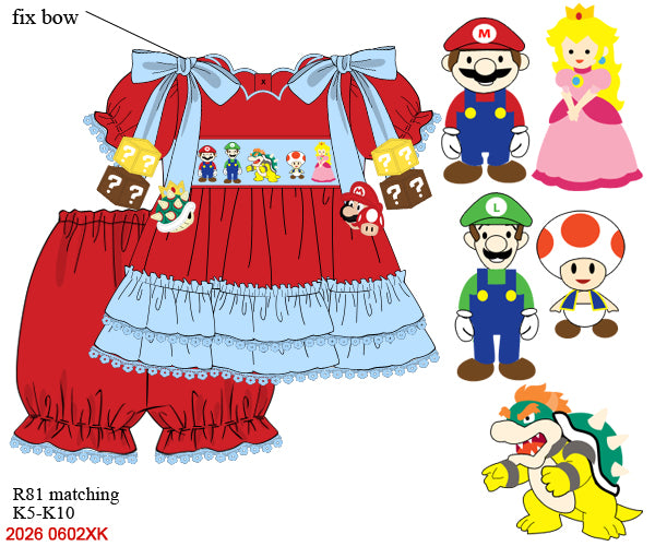 Mario Luigi Friends Hand Smocked Puffy Sleeve Applique Tassel Short Sleeve Girls Set