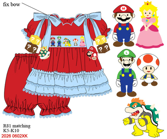 Mario Luigi Friends Hand Smocked Puffy Sleeve Applique Tassel Short Sleeve Girls Set