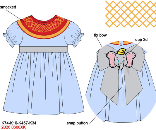 Baby Mine Don't You Cry Elephant Circus Hand-Smocked Dress with 3D Back Bow