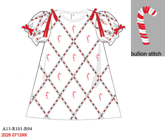 Girls Red & White Candy Cane Geometric Hand Embroidered Bullion Stitch Dress