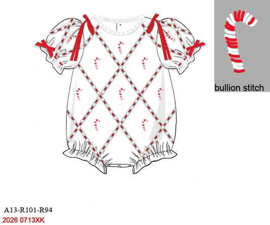 Christmas Baby Girls Red & White Candy Cane Geometric Hand Embroidered Bullion Stitch Bubble Romper