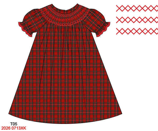 Christmas Girls Red Tartan Plaid Hand Smocked Dress