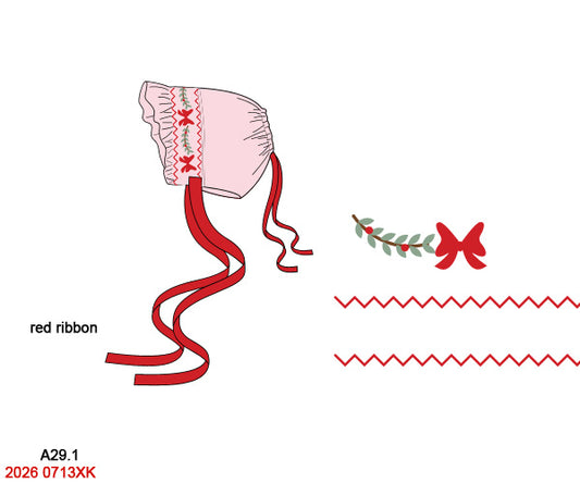Baby Girl Pink Hand Smocked Christmas Bow Bonnet with Red Ribbon Ties