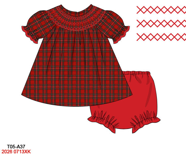 Christmas Baby Girl Red Tartan Plaid Hand Smocked Top & Bloomer Set