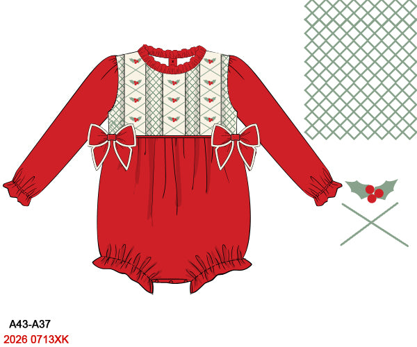 Baby Girl Red Vintage Hand Smocked Holly Christmas Long-Sleeve Bubble Romper