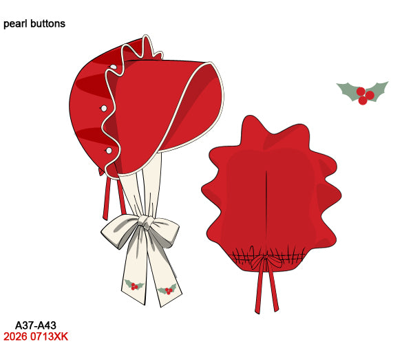 Baby Girl Red Vintage Christmas Bonnet with Pearl Buttons and Holly Ties