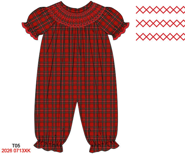 Christmas Girls Red Tartan Plaid Hand Smocked Short Sleeve Romper with Ruffles