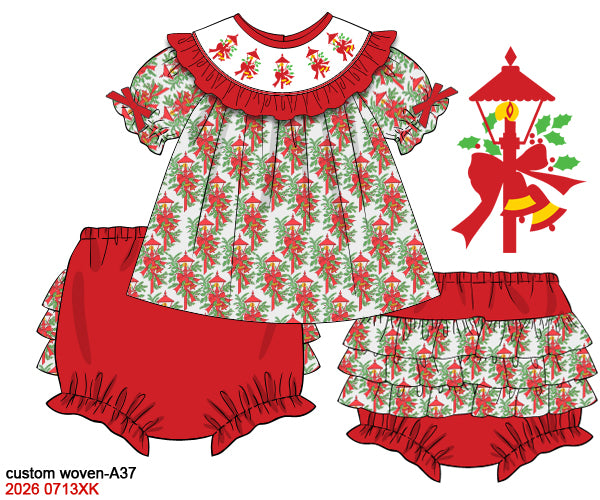 Girls Christmas Hand Smocked Vintage Christmas Lamp Post Top & Ruffle Bloomer Set