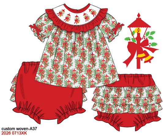 Girls Christmas Hand Smocked Vintage Christmas Lamp Post Top & Ruffle Bloomer Set