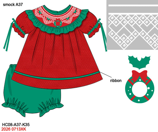 Girls' Christmas Wreath Hand Smocked Tunic & Bloomer Set Honeycomb Fabric
