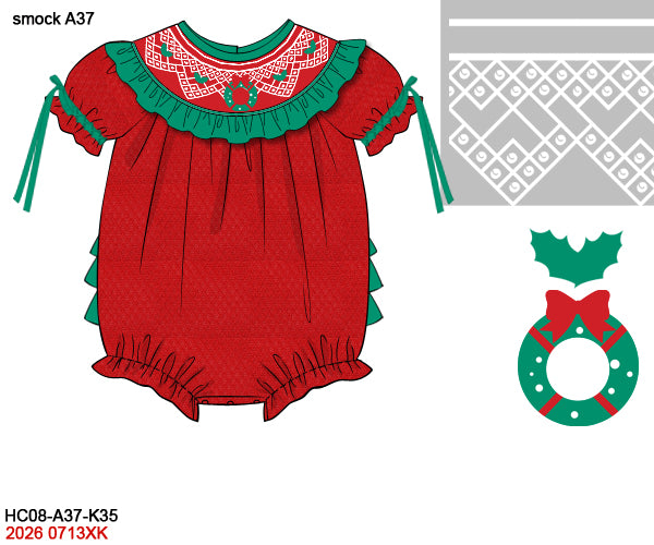Girls' Christmas Wreath Hand Smocked Bubble Honycomb Fabric