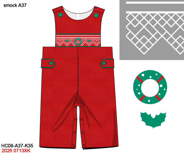 Baby Boys Christmas Wreath Hand Smocked Red Longall Honeycomb Fabric