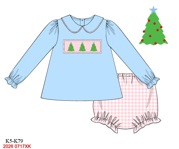 Girls Hand Smocked Christmas Tree Top & Pink Gingham Bloomer Set