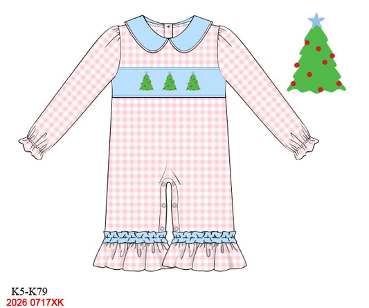 Baby Girl Pink Gingham Hand Smocked Christmas Tree Long-Sleeve Romper