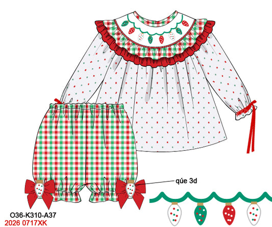 Girls Hand Smocked Swiss Dot Christmas Lights Tunic & Bloomer Set