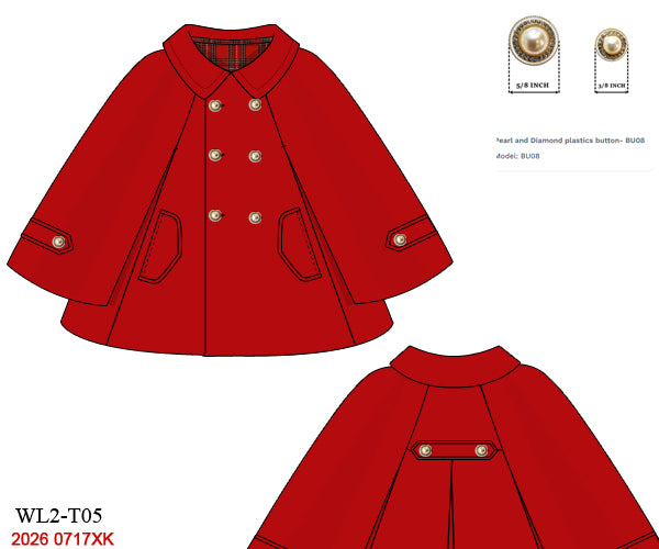 Christmas Girls Classic Red Double-Breasted Cape Coat with Pearl Buttons & Tartan Accent