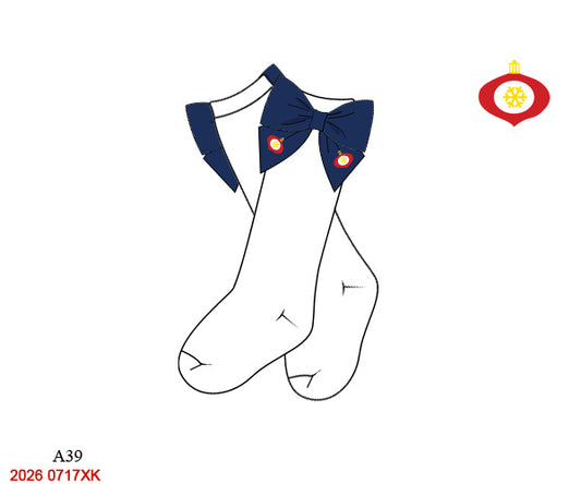 Christmas Nutcracker Girls White Knee High Socks with Navy Embroidered Ornament Bow